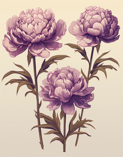 Set of 3 purple peonies tattoo art on beige background