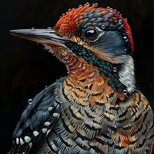 Woodpecker with dewdrops on feathers