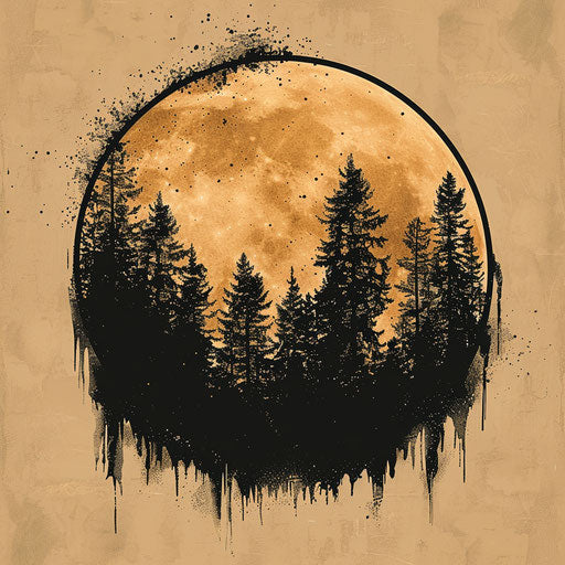 Flat tattoo sketch of a full moon in forest silhouette, earthy tones