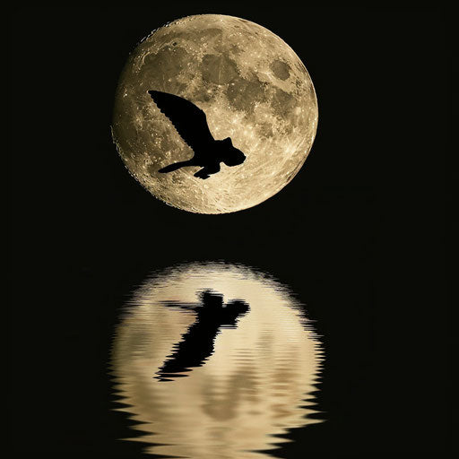Sugar glider silhouette against full moon gliding over serene lake