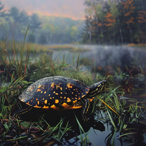 Yellow spotted turtle basking in the first light of dawn on a misty riverbank