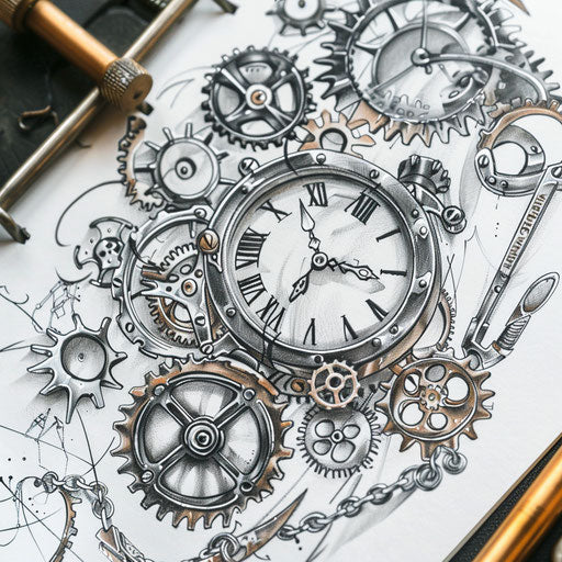 Intricate steampunk gears and detailed tattoo design