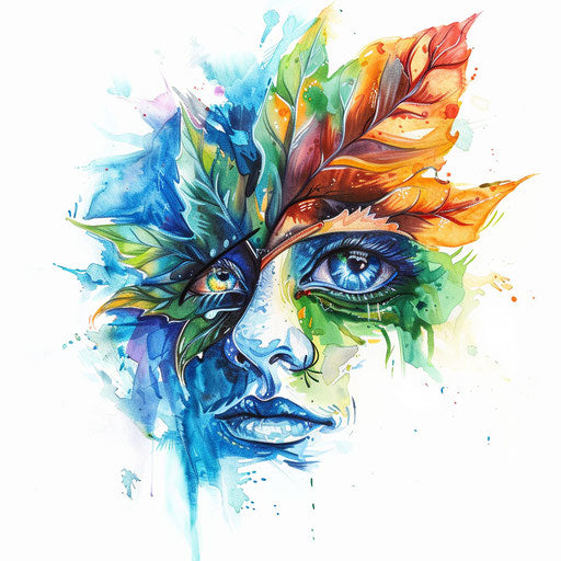 Leaf with eyes, colorful and imaginative style, on white background