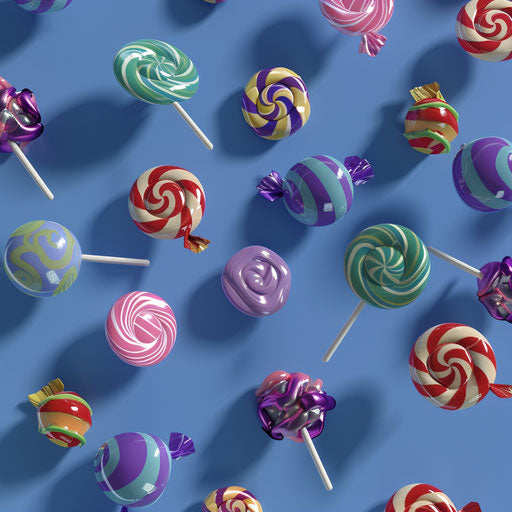 Realistic candies on indigo background with subtle blur