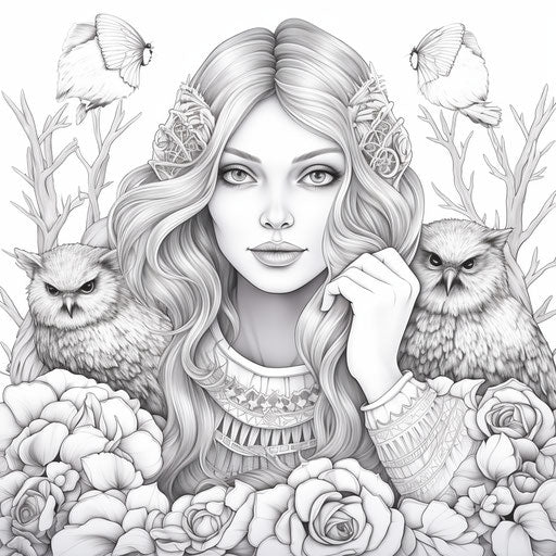 Coloring pages for adults a beautiful girl is sitting on owls, in the style of eerily realistic, realistic figurative, highly realistic