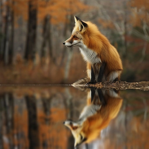 Solitary fox gazing into clear lake, pondering reflection