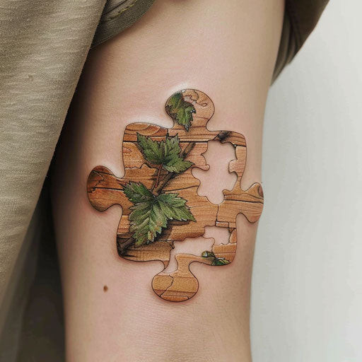 Rustic puzzle piece tattoo mimicking wood textures with green leaves