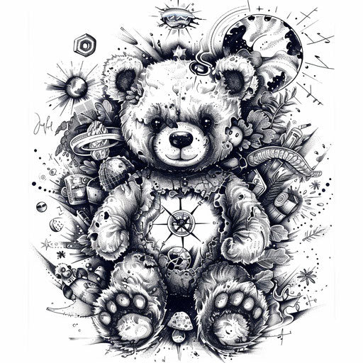 Surreal teddy bear tattoo mixing cosmic and dream elements