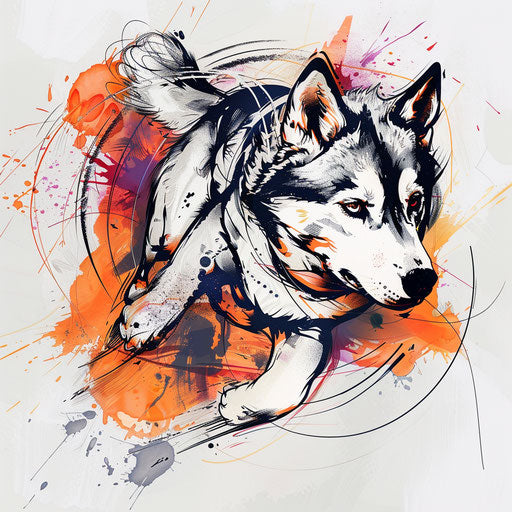 Dynamic flat tattoo sketch of a husky running with abstract splashes