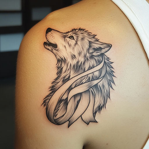 Cancer tattoo with a howling wolf and ribbon on the shoulder blade