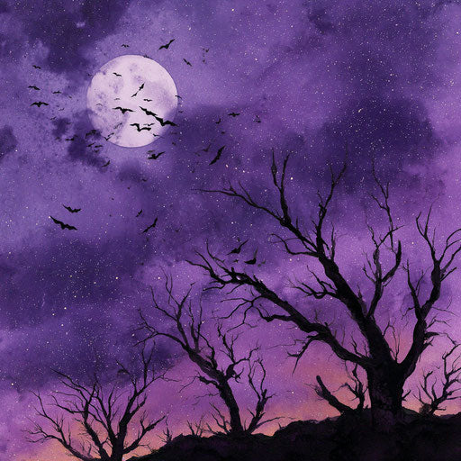 Starry night with full moon and gnarled trees