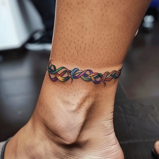 Vivid flat tattoo sketch of an ankle bracelet with a festival of colorful ribbons