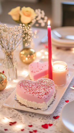 Valentine's Day table setting with heart-shaped cake, flowers and candles