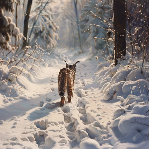 A lynx's tracks in fresh snow, leading the viewer on a journey through its territory.