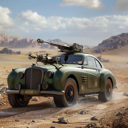 Military Bentley with mounted gun in combat zone