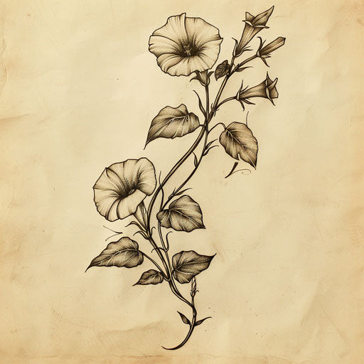 Rustic tattoo sketch of morning glory with earthy tones