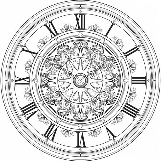 A whimsical circular clock face with fantastical numbers and hands. Coloring book page