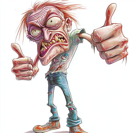 Humorous caricature of a zombie caricature clipart with human characteristics, exaggerated prominent chin, big hands, in mid-jump, vibrant colors, cartoon style, thumbs down, high-resolution, no background, isolated