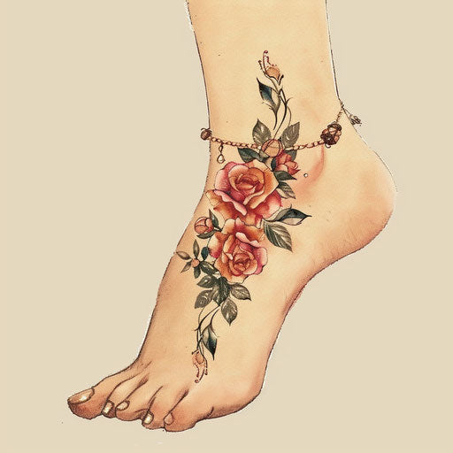 Romantic flat tattoo sketch of an ankle bracelet with soft watercolor roses