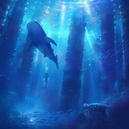 Rare Encounter: Whale Shark and Sea Turtle in Underwater Light Columns Maze