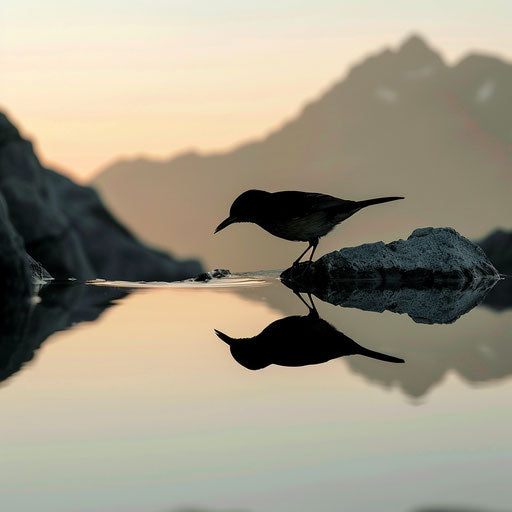 Reflection of a wall creeper bird on a mountain lake at sunset