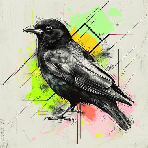 Bold graphic tattoo sketch of a blackbird, clipart flat style with stark contrast and a pop of neon green