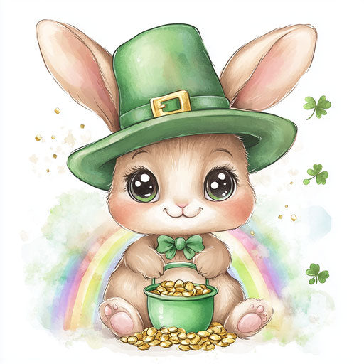 St. Patrick's Day cute baby bunny with green hat and rainbow