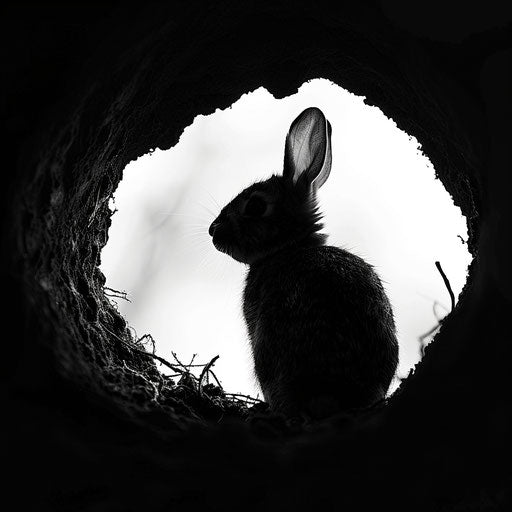 Rabbit silhouette peering out of burrow entrance