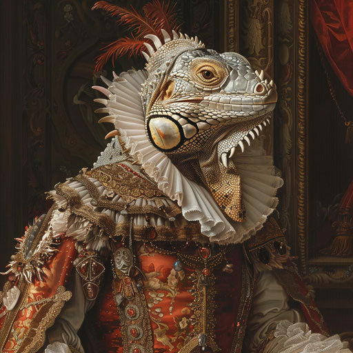 A Renaissance painting of an iguana as a noble in costumes