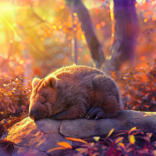 Wombat resting on a sunlit rock with a vibrant background