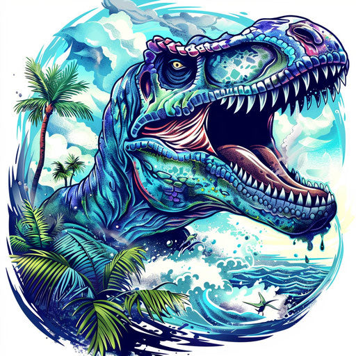Exotic flat tattoo sketch of a T rex in a tropical storm
