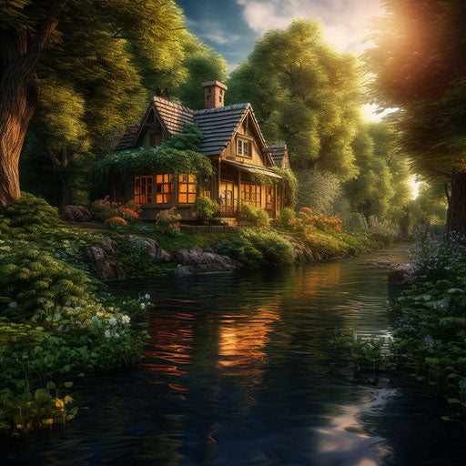 Wooden house near a tree in a green forest