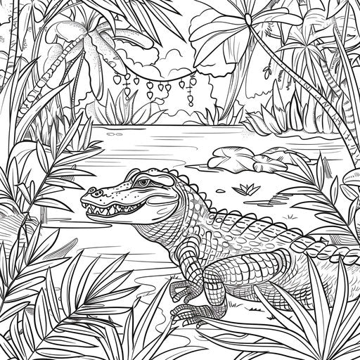 Adventure of an alligator exploring a dense jungle. Coloring page