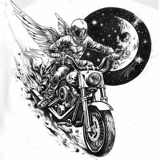 Archangel Michael on a cosmic motorcycle in a surreal tattoo stencil