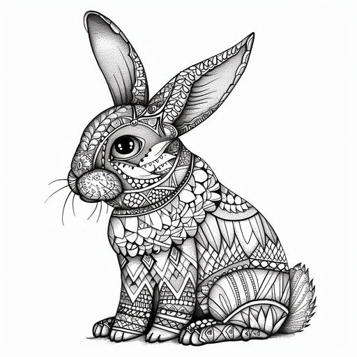 Intricate zentangle-style bunny with complex geometric shapes