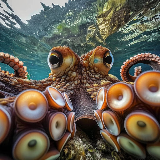 Close encounter with an octopus, tentacles reaching out towards the camera, moment of connection