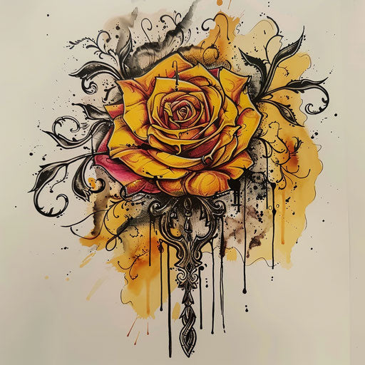 Gothic flat tattoo sketch of a yellow rose with dark elements