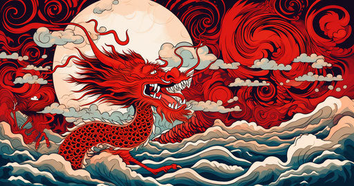 Red and white Chinese dragon with cloud and moon in dynamic sketch