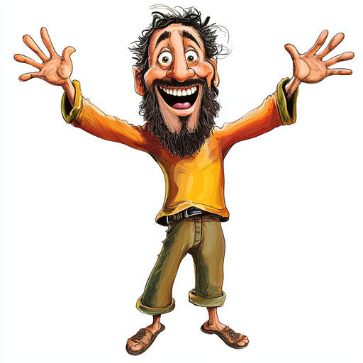 Humorous caricature of a cartoon of faith with human characteristics