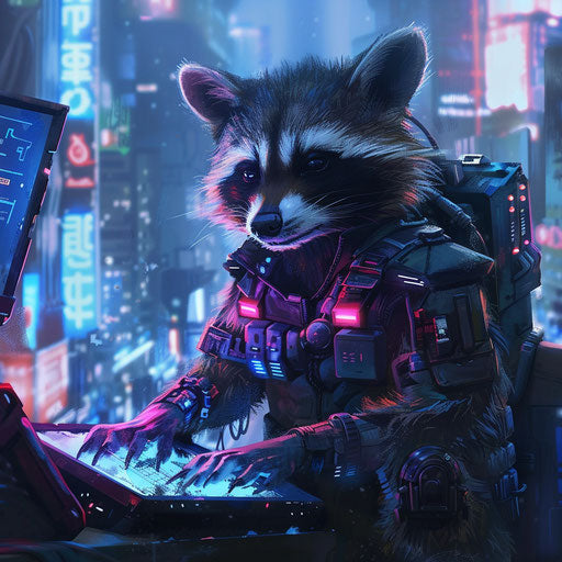 A cyberpunk raccoon hacker infiltrating a futuristic corporation