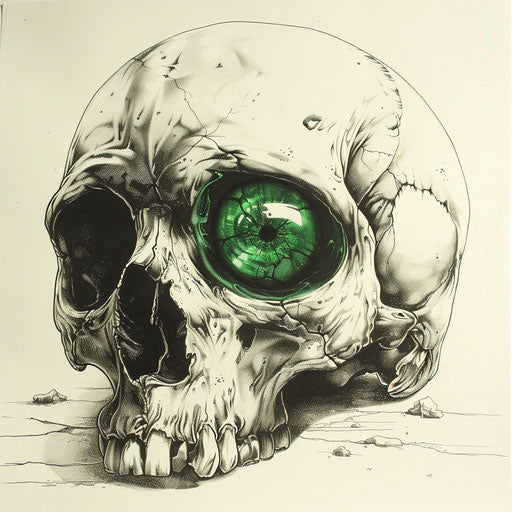 Skull with green eye, influenced by various art styles