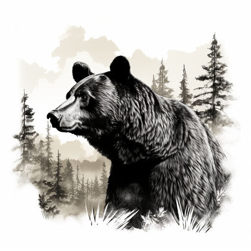 Black bear with trees on white background, tattoo style