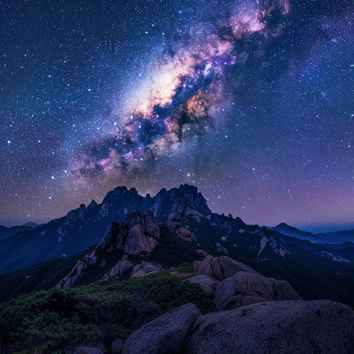 Seoraksan under a clear, starry night, the Milky Way stretching across the sky, in the style of Trey Ratcliff