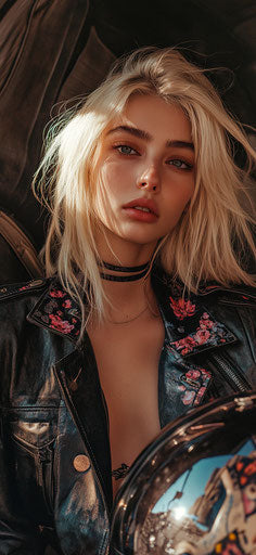 Instagram model with blonde hair in bohemian jacket with helmet and phone