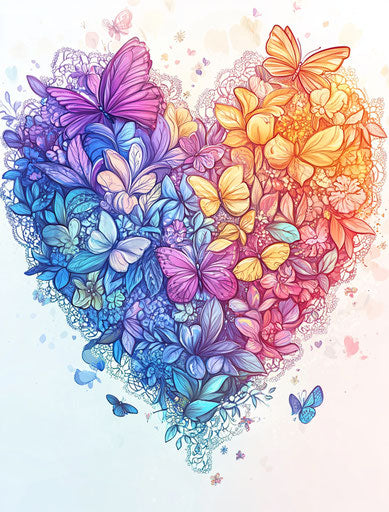 Colorful floral heart with lace and butterflies