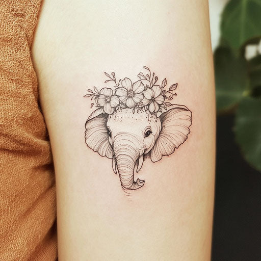 Small elephant tattoo with floral crown on white background
