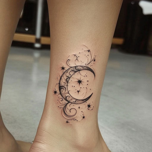 Ankle tattoos women crescent moon stars style