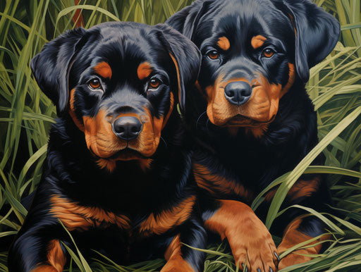 Two rottweiler puppies lying in a grassy field