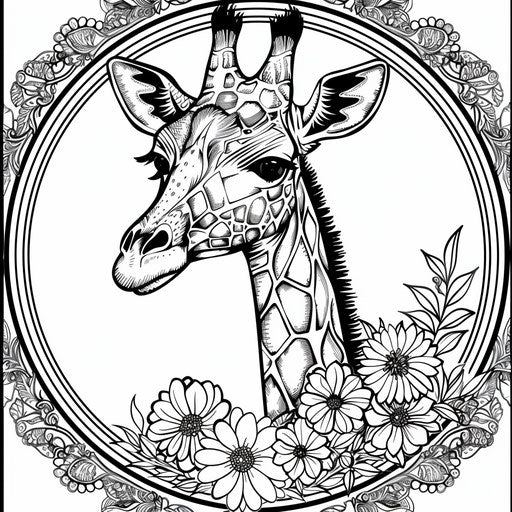 Floral mandala giraffe with intricate designs coloring book page