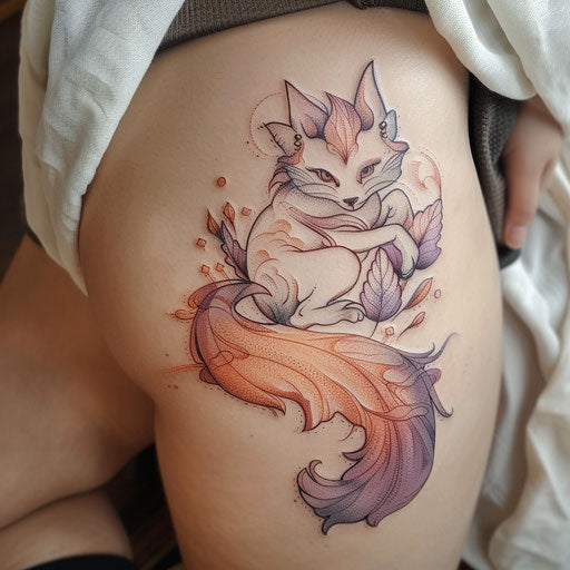 Pastel-toned flat tattoo sketch of a kitsune